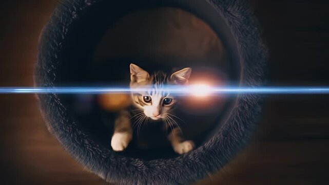 Striped kitten peers from fluffy grey bed under bright blue and orange lens flare