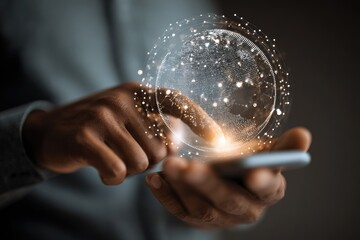 Person interacting with a holographic globe on a smartphone
