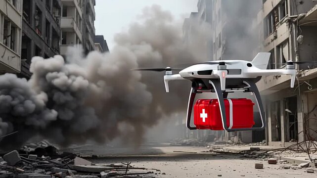 Delivering first aid. Autonomous drone with red medical box flying in smoky urban disaster area for emergency health response footage