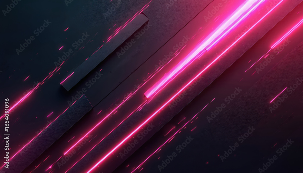Poster dark background with abstract design featuring sharp geometric shapes and glowing neon pink lines. t