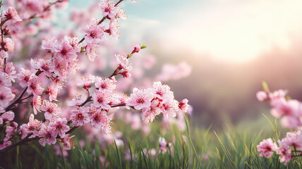 Pink cherry blossoms on branches with green grass