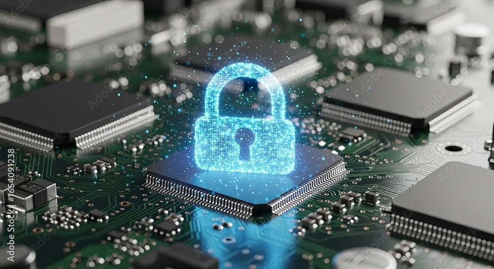 Aufkleber digital security padlock glowing on a computer processor chip representing cybersecurity and data pr