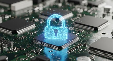 Digital security padlock glowing on a computer processor chip representing cybersecurity and data protection technology