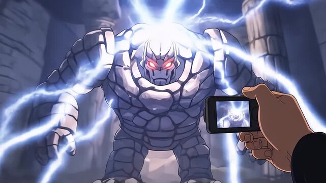 Animated stone giant with red eyes emitting electricity, captured on a smartphone