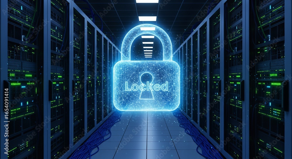 Poster secure digital data center with glowing locked padlock symbol representing cybersecurity protection 