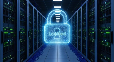 Secure digital data center with glowing locked padlock symbol representing cybersecurity protection and network access control