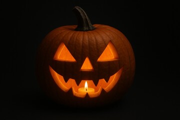 Gruseliger Halloweenk&uuml;rbis auf schwarzem Hintergrund mit Kerze und leuchtenden Augen