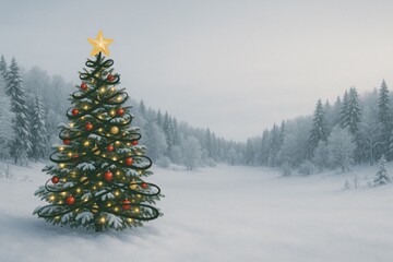 Winterwonderland mit Schnee und Tannenb&auml;umen und einem geschm&uuml;ckten Christbaum mit goldenem Stern im Vordergrund