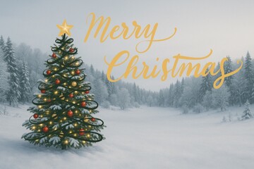 Winterwonderland mit Schnee und Tannenb&auml;umen und einem geschm&uuml;ckten Christbaum mit goldenem Stern im Vordergrund und Schriftzug Merry Christmas