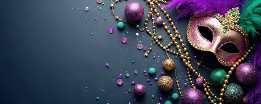 Mardi Gras masquerade banner features golden beads, purple feathers, mask in vibrant green, purple, yellow colors. Festive invitation backdrop with copy space, bokeh lights, glittering confetti. - Powered by Adobe