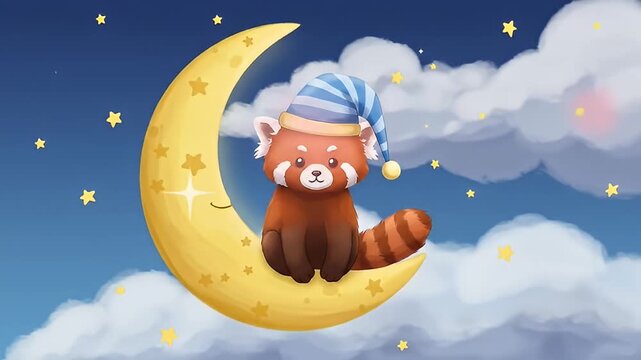 Red panda wearing a nightcap sits on a smiling crescent moon amid stars and clouds