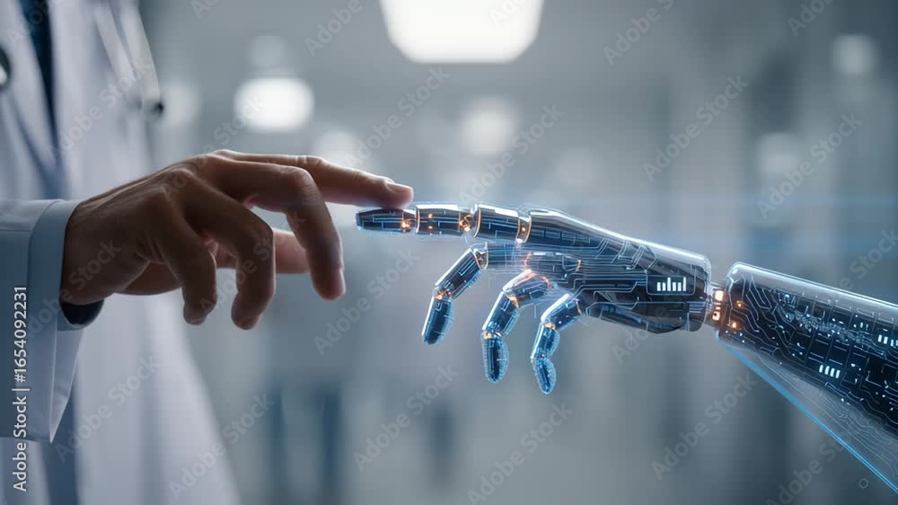 Poster llm concept with human and robot hands touching, symbolizing ai, machine learning, generative ai, an