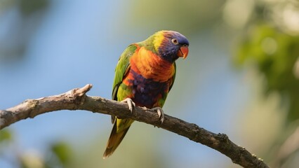A vibrant rainbow lorikeet perched on a tree branch, showcasing its colorful plumage against a blurred natural background.