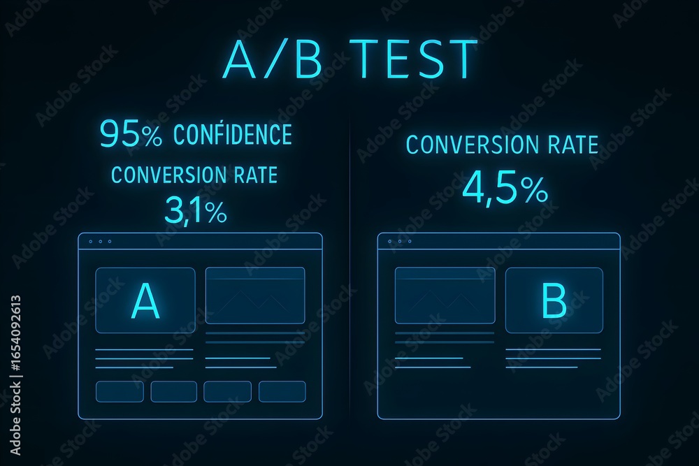 Poster ab test comparison of two website pages showing 95 confidence and conversion rates for marketing opt