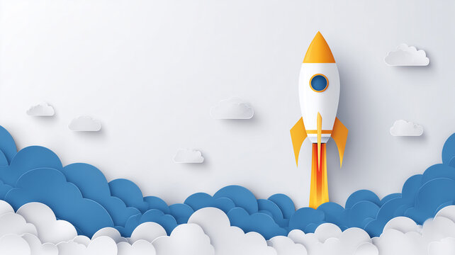 Rocket launching through clouds with blue sky