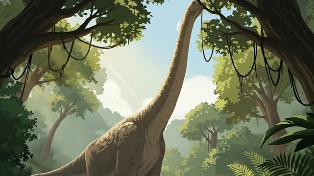 A long-necked dinosaur in a lush jungle, gazing upwards. Cartoon style illustration