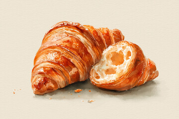 Watercolor illustration of golden croissant with visible flaky texture and one piece cut open on beige background