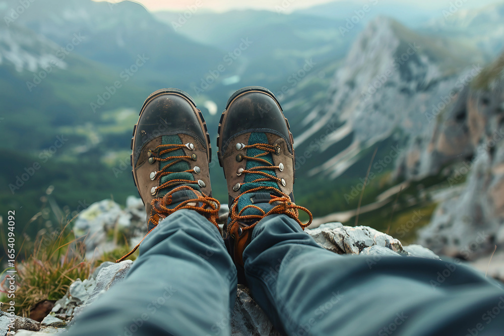 Poster hiker resting on hilltop with scenic mountain view created by generative ai