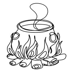Witch's cauldron on campfire one line art drawing 