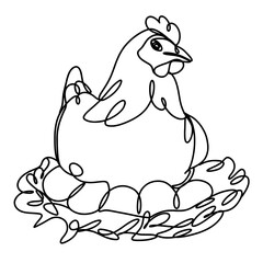 Hen in nest with eggs one line art drawing 