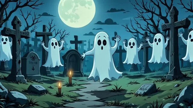 Old graveyard with crooked tombstones, friendly ghosts rising from the ground and waving. Halloween scene.
