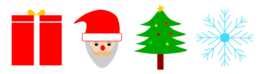 Christmas Icons Set – Gift Box, Santa Claus, Christmas Tree, and Snowflake Illustration for Holiday Design