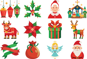 Christmas Holiday Icons and Elements Vector Illustration Set for Festive Designs on white background 