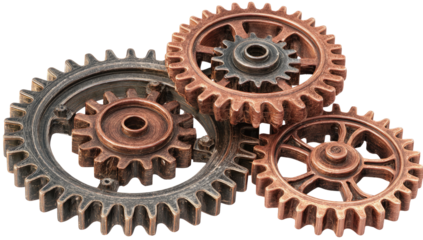 Interlocking gears in copper and dark metal