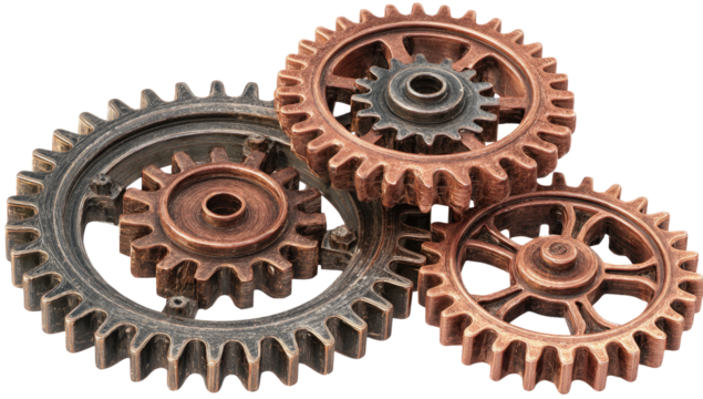 Interlocking gears in copper and dark metal