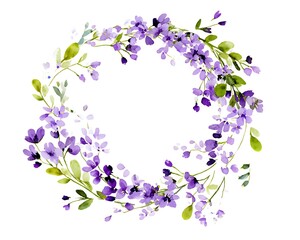 Delicate watercolor wreath of purple flowers and green leaves on a white background