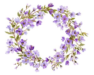 Delicate watercolor wreath of purple wildflowers and green leaves on a white background