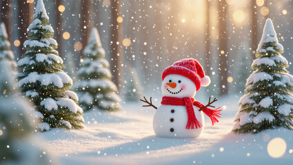 Fototapeta premium Christmas snowman in red hat and scarf standing in snowy forest with decorated trees and falling snow at sunset