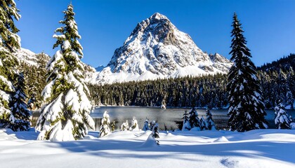 Fototapeta premium Snowy mountain lake, winter landscape