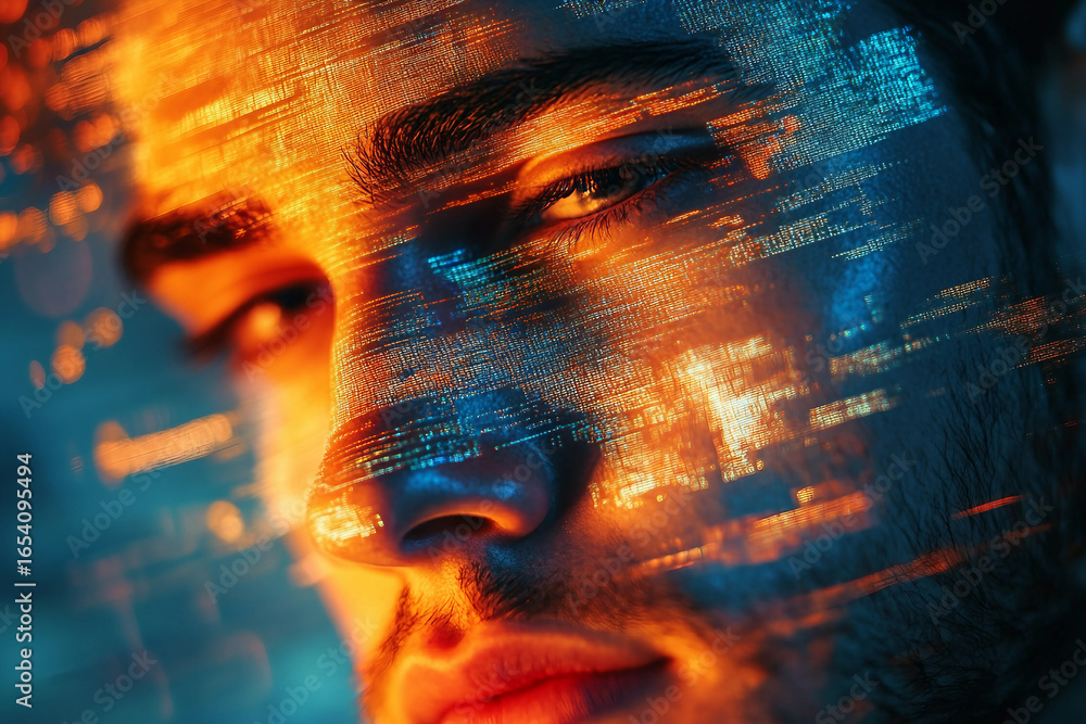 Poster generative ai glitch art composition of male female face merged with digital code and futuristic vis