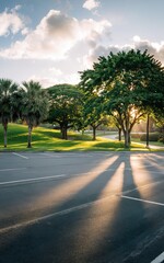 Fototapeta premium An idyllic and serene natural landscape shot of a park with a parking lot in the foreground, ideal for themes of relaxation, urban nature, and environmental tranquility. Vertical