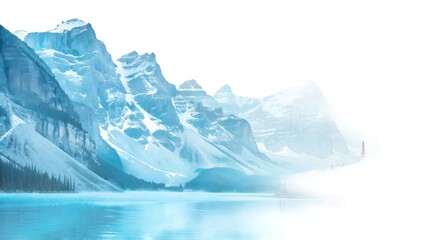 A tranquil watercolor illustration depicts a winter landscape where a flowing river, rendered in shades of light blue, meets a snowy bank dotted with dark green pine trees. A gentle wave forms at the 