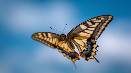 Majestic swallowtail butterfly with intricate wing patterns soaring against a soft blue sky