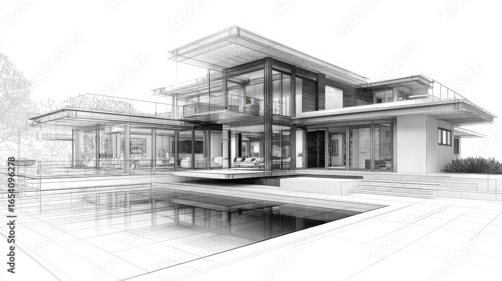 Poster wireframe rendering showing a modern house with a swimming pool reflecting the building, showcasing 