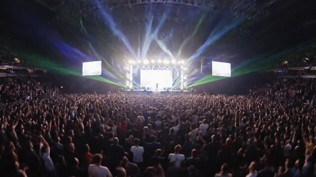 An incredible aerial shot from behind a DJ on the main stage, overlooking a massive crowd with raised hands at a nighttime EDM festival.