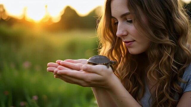Woman gently holding a tiny turtle in her hands with sunlight, green grass background