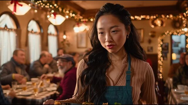 scene from a christmas comedy movie, dynamic angle of an unruffled chinese waitress holding a tray of steaming food while and smiling while she talks to a difficult chinese customer