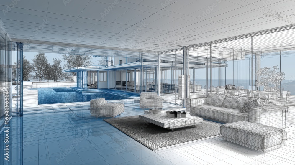 Poster wireframe rendering of a luxurious modern minimalist style open space villa, showing interior design