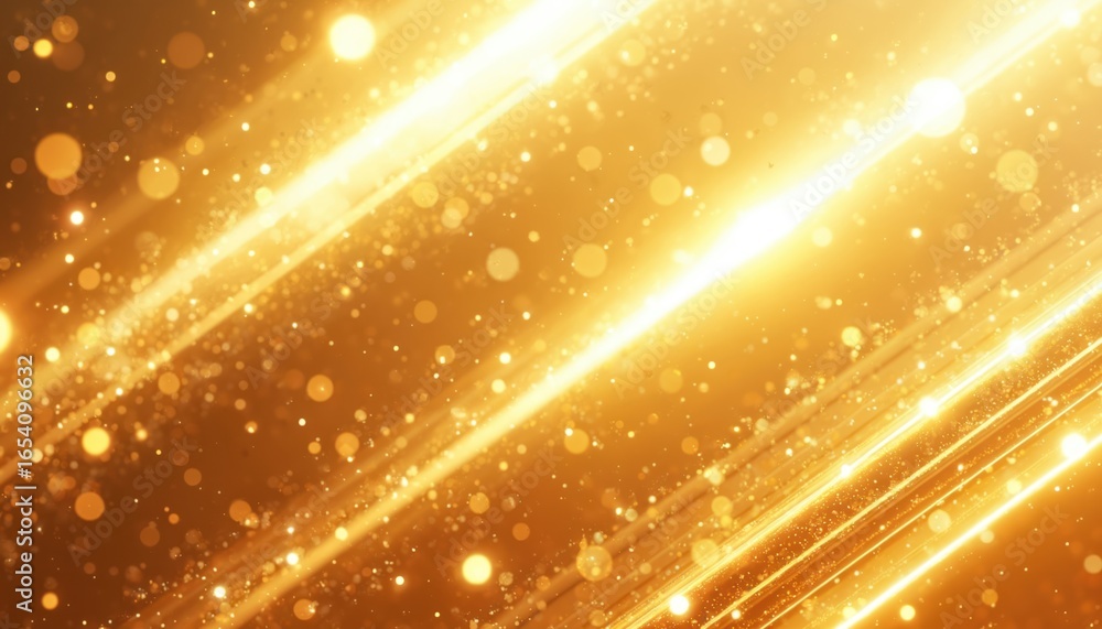 Poster abstract golden diagonal lines intersect with sparkling particles creating dynamic, luxurious backgr