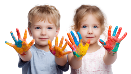 Two happy children with paint on their hands, isolated on a transparent background.