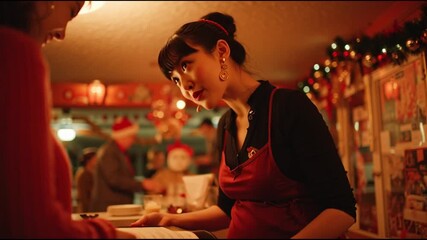 scene from a christmas comedy movie, dynamic wide angle of a Chinese 20 year-old hostess woman at the front desk of a very busy chinese restaurant - Powered by Adobe