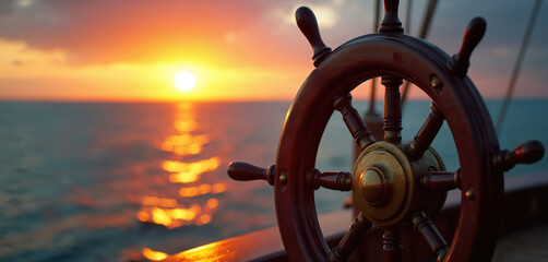 Vintage ship steering wheel helm at sunset on ocean. Wooden wheel with brass accents reflects golden sun, guiding vessel through calm sea. Nautical adventure, maritime control, exploration journey.