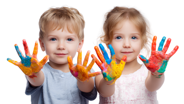 Two happy children with paint on their hands, isolated on a transparent background.
