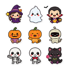 Halloween Cartoon Sticker Set &ndash; Witch, Ghost, Vampire, Pumpkin, Skeleton, Mummy, and Cat