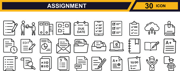 Vector art of collection of assignment and task related icons isolated on white background
