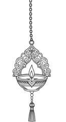 An intricately designed diya, a traditional oil lamp, hangs from a chain, adorned with a tassel.  Its ornate detailing evokes a celebratory atmosphere, perfect for Diwali.